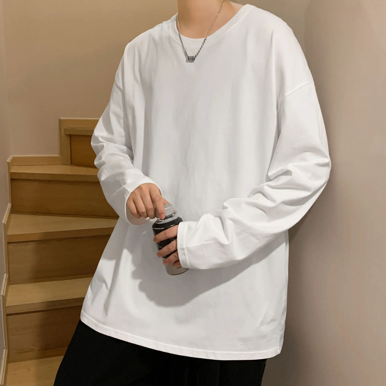 Fall Long Sleeve Pullover basic T-shirt for Men Loose Large Size Fashion Solid Color Tops Casual Autumn Streetwear Tops T Shirt 240812