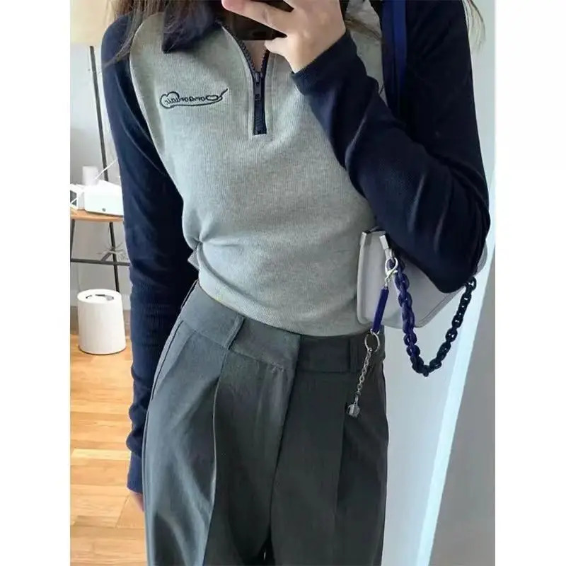 Embroidered polo shirt womens high-quality long sleeved breathable womens casual T-shirt Y2k polo neck slim cut top 240827