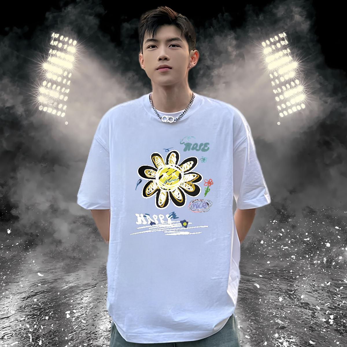 Stylist T Shirt For Man 230g Pure Cotton flower High Street Hip Hop Tees Shirts Crew Neck Breathable High Quality Tshirt for Man Woman Black Oversized