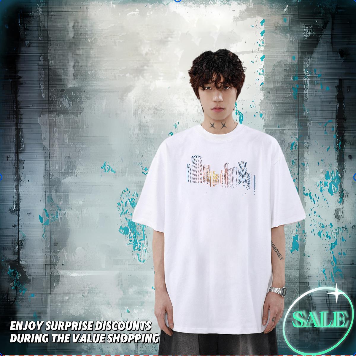 Classic T-Shirts for Men 230g 100% Cotton Tall buildings Sport Top Tees Short Sleeve Soft Loose Men Clothes T-Shirt Customized Print