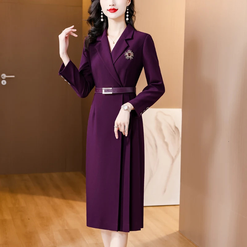 Spring Solid Color Suit Collar Long sleeved Straight Barrel Dress Womens Waist Belt Slimming Knee Length Dress 240806
