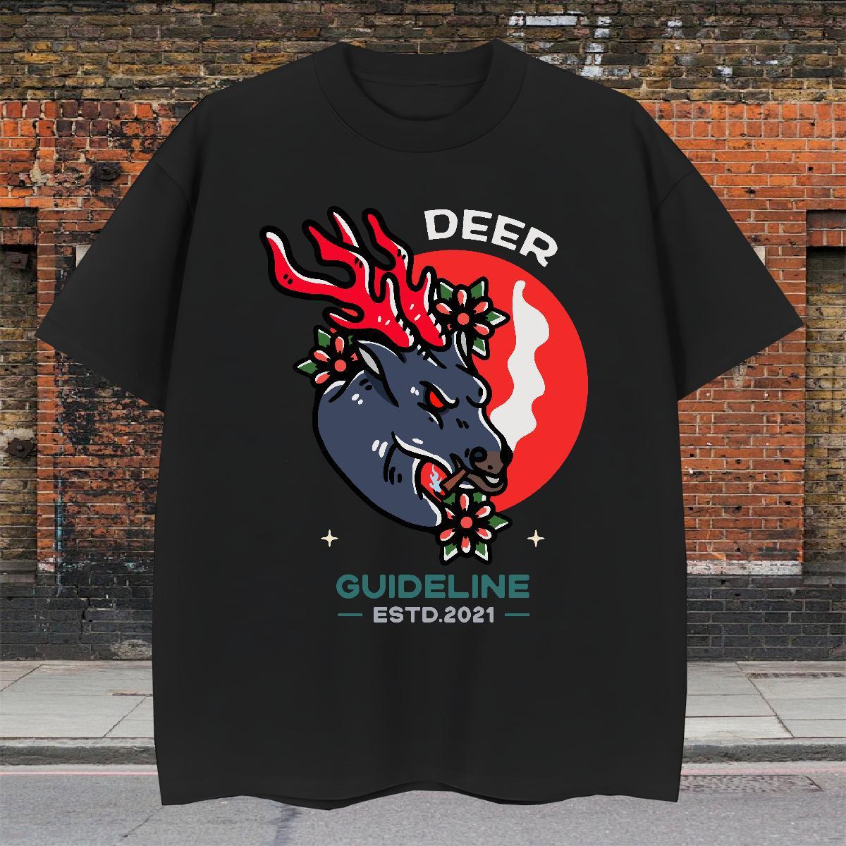 New T Shirts Men 230g Cotton Deer Hip Hop Tee Shirt Short Sleeve O-Neck Popular Men Clothes T-Shirt DIY