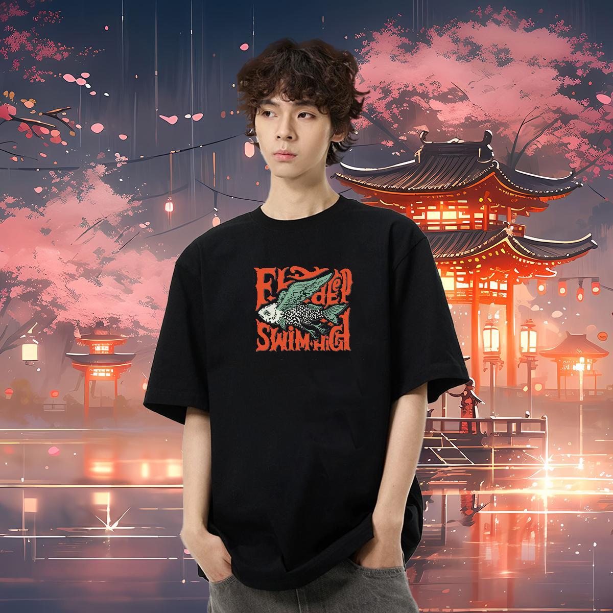 2024 DIY T-Shirts 230g Pure Cotton fish High Street Hip Hop Tees Short Sleeve Soft TOP Quality Men Tshirts Oversized 3XL 4XL