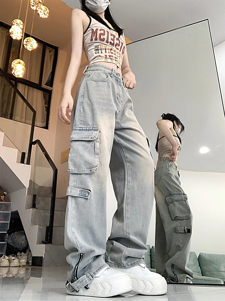 Womens Blue Cargo Jeans Harajuku 90s Streetwear Denim Trousers Y2k Jean Pants Vintage Japanese 2000s Style Trashy Clothes 240806