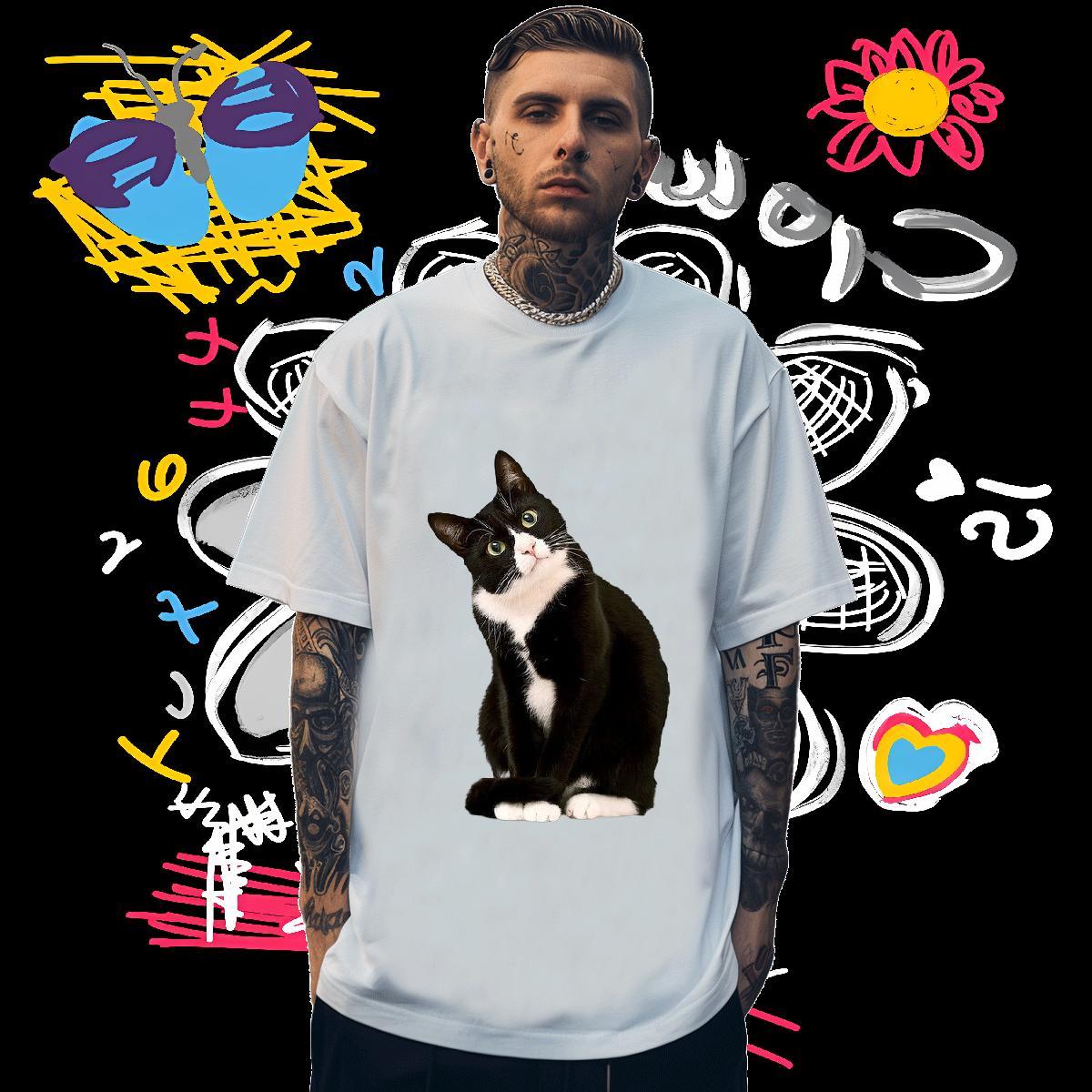 T Shirt For Man 230g 100% Cotton cat High Street Hip Hop Breathable Short Sleeve Customized Print Men Clothes T-Shirt DIY Brand Tops