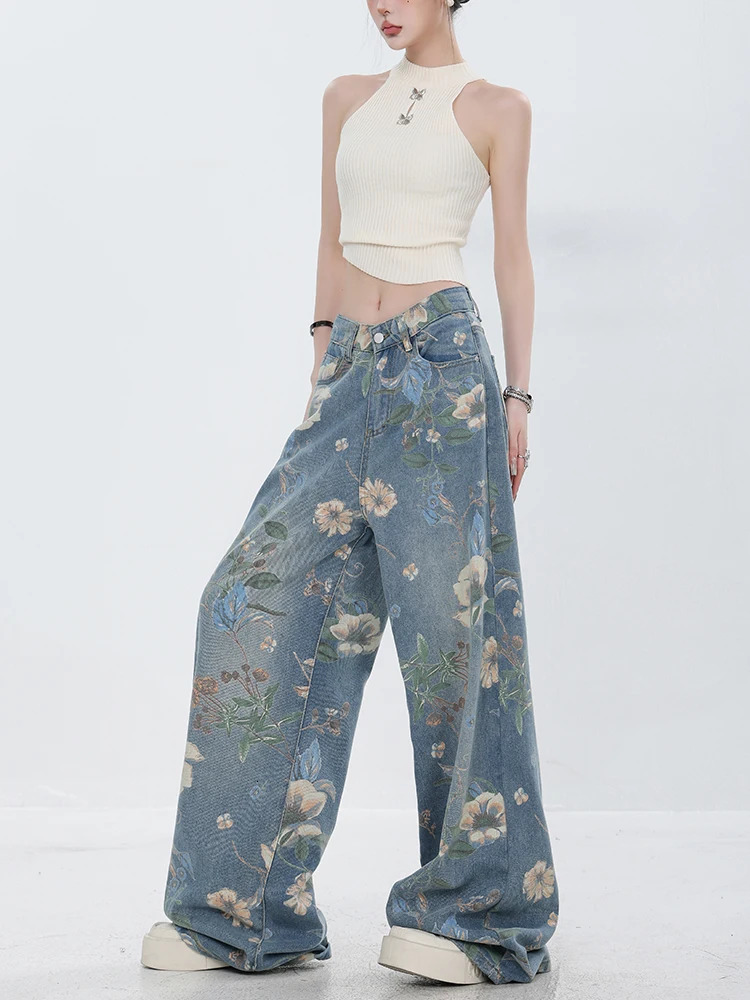 Fashion Printed Jeans Retro Floral Denim Mopping Trousers Korean Style High Street Loose Hip Hop Wide-leg Jean Pants 240806