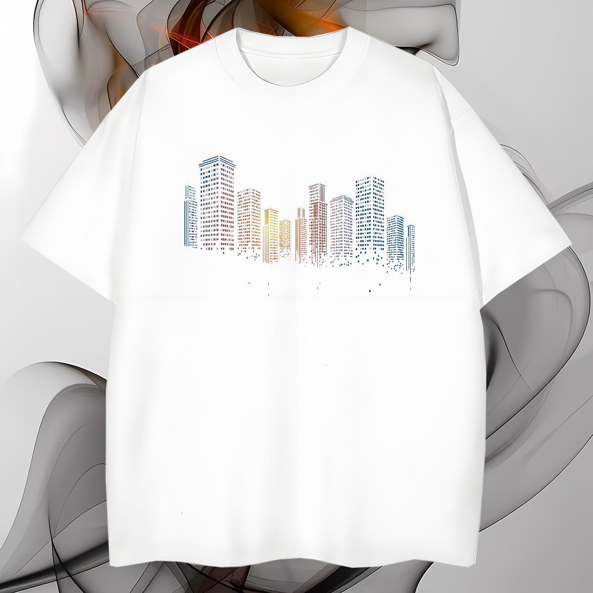 Mens T Shirts 100% Cotton 230g Tall buildings Daily Wear Breathable Oversized 3XL 4XL Couples T Shirts 2024 New Free Shipping Tops Shirt