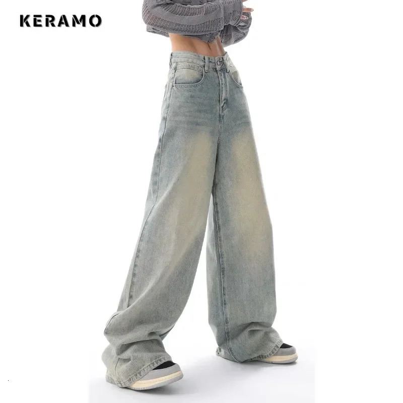 Korean Vintage Casual Waist High Strt Style Light Blue Straight Jeans Pants Womens Wide Leg Baggy Y2K Denim Trouser Z260313