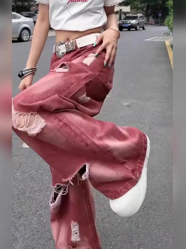 Womens Pink Y2k Ripped Cargo Jeans Harajuku Denim Trousers Aesthetic Y2k Jean Pants Vintage Japanese 2000s Style Trashy Clothes 240806