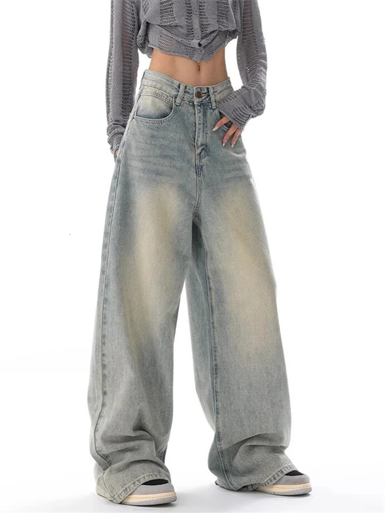 Womens American Vintage Washed Thin Jeans Street Casual Neutral Style Blue Denim Trousers Female High Waist Straight Pants 240806