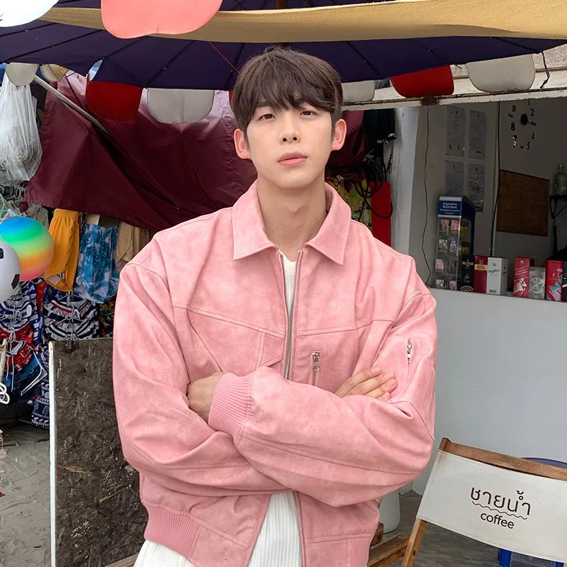 Mens Cropped PU Leather Jacket Fashion Turn-down Collar Gradient Color Retro Coat Zipper Mens Motorcycle Outwear Spring Pink 240806