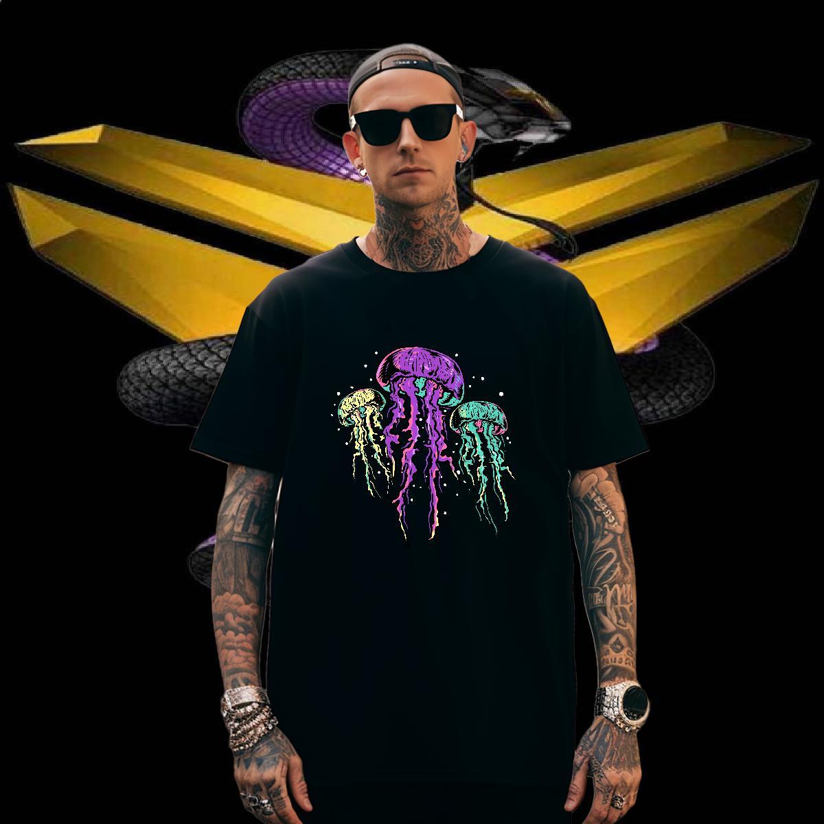 T Shirt For Man 230g 100% Cotton jellyfish Street Casual Crew Neck Breathable Graphic Couples T Shirts DIY Loose Fit Tops