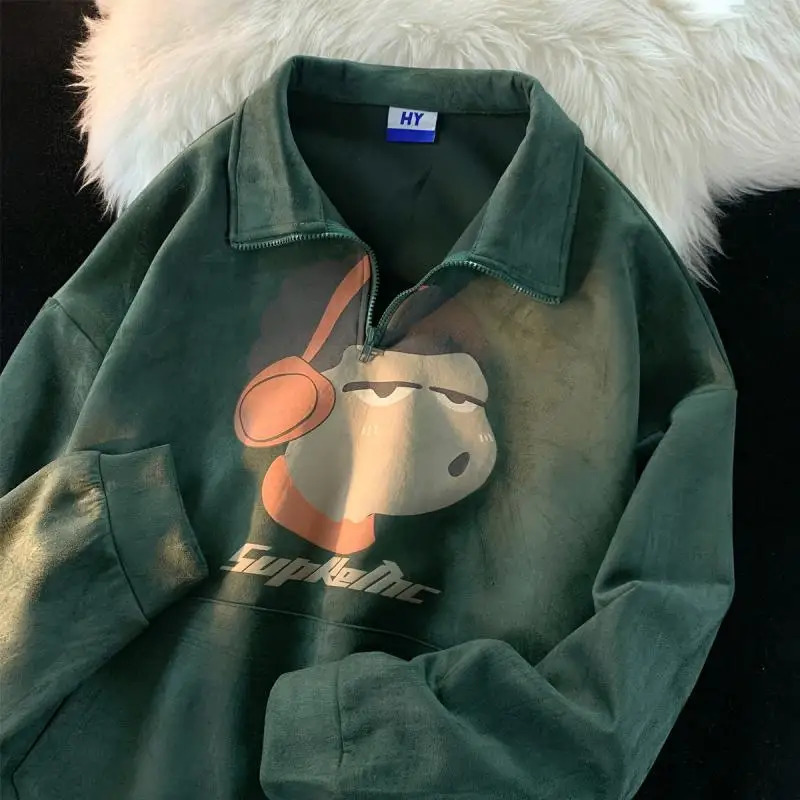 American retro half zip Polo collar sweatshirt for women spring and autumn large size 300 pounds loose slimming suede jacket ins 240806