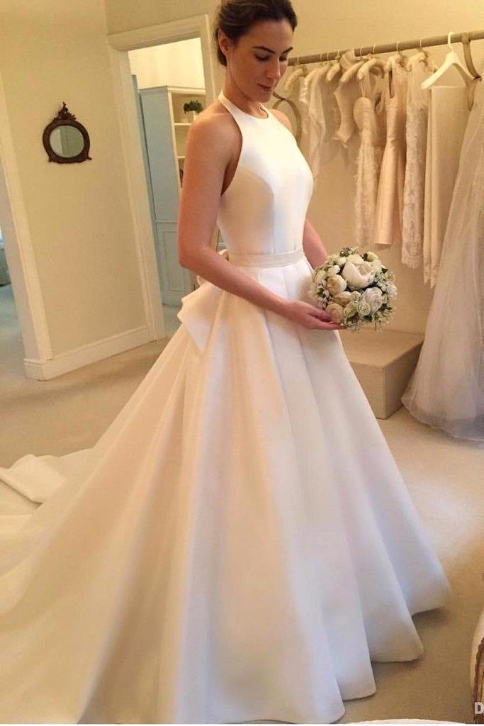 2024 Simple Satin Ball Gown Wedding Dresses Halter Backless Sweep Train Bridal Gowns Dress For Mariage Bc19296 0213