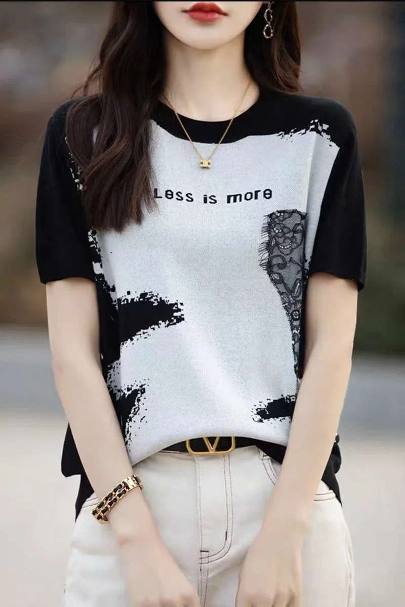 Summer High Quality Ice Silk Contrast Ink Painting Jacquard Fashion Western Knitted Short sleeved Womens T-shirt Bottom Top 240806