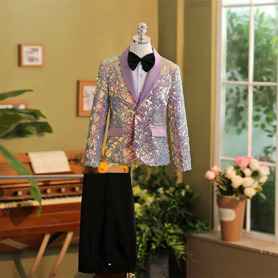 Suits Boys Purple Sequined High End Suit Set Childrens Catwalk Stage Host Performance Photography Wedding Costume Kids Blazer