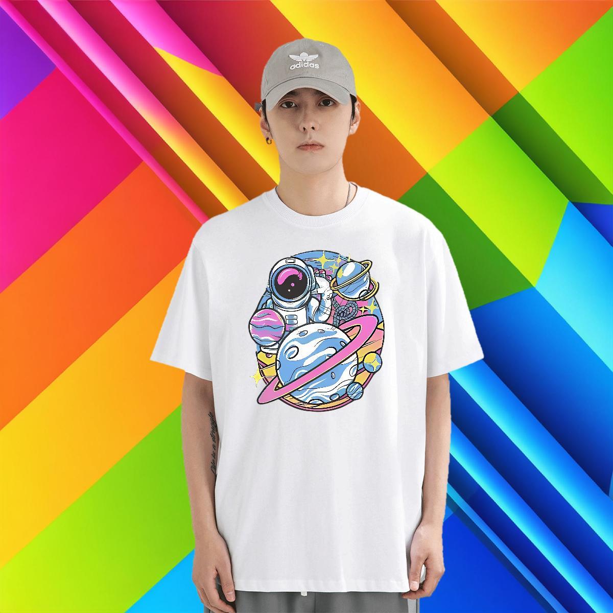 Free Shipping Couples T Shirts 230g 100% Cotton Casual spaceman DIY Logo Oversized Short Sleeve O-Neck 2024 Men T Shirts Tops Tees