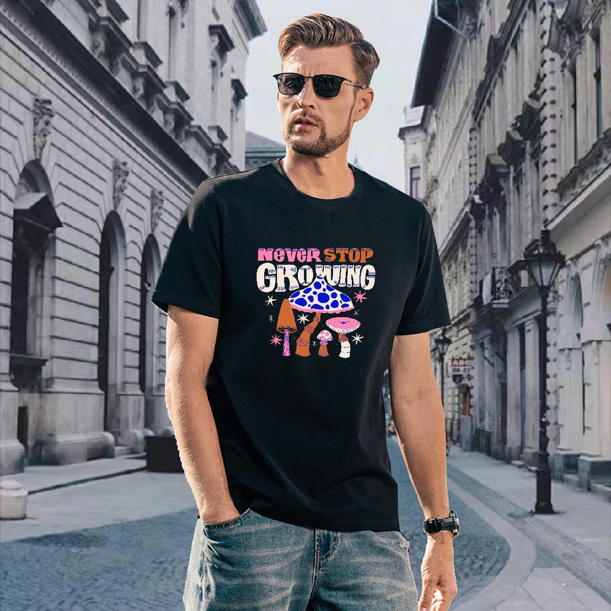 T Shirt For Man 100% Cotton 230g mushroom Daily Wear Breathable Crew Neck Oversized 3XL 4XL Men Tops Tees New Brand Clothes