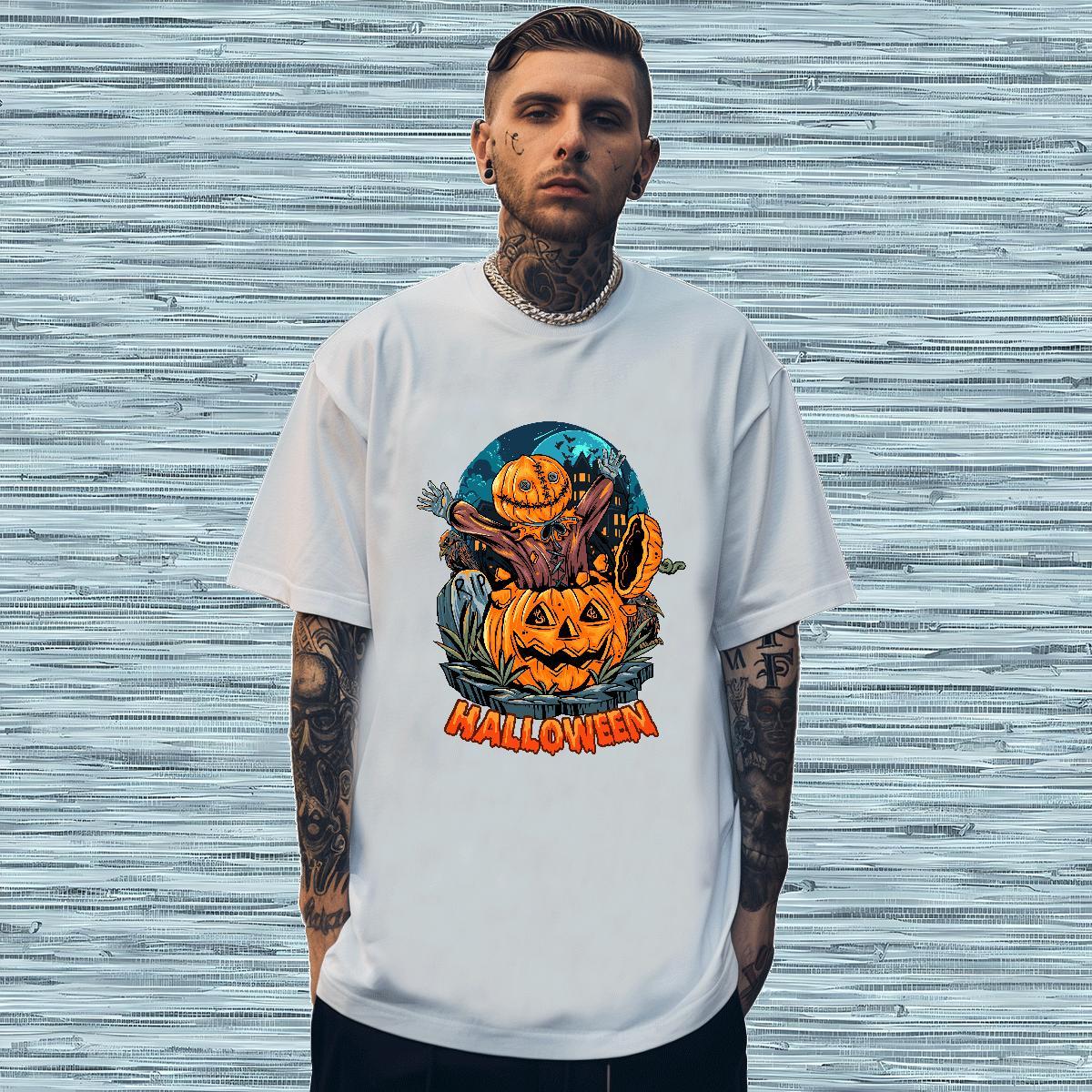 T-Shirts for Men 230g 100% Cotton Halloween Street wear Hip Hop Breathable Crew Neck Custom Printed Men Tees Casual New Classic Top Tees