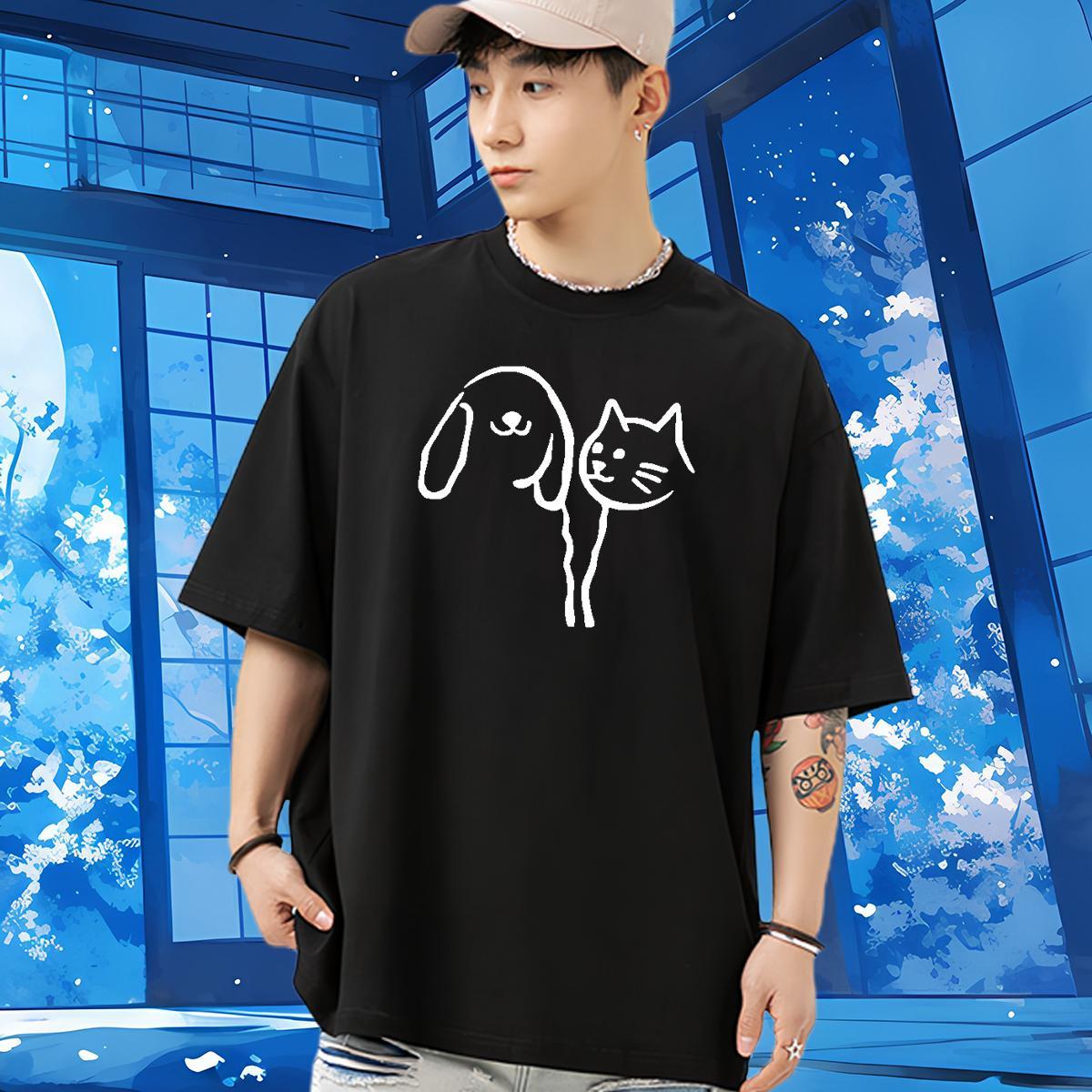 DIY T Shirt For Man 100% Cotton 230g cat Street Tshirts Pure Cotton High Quality Men Tops Tees Cartoon Print