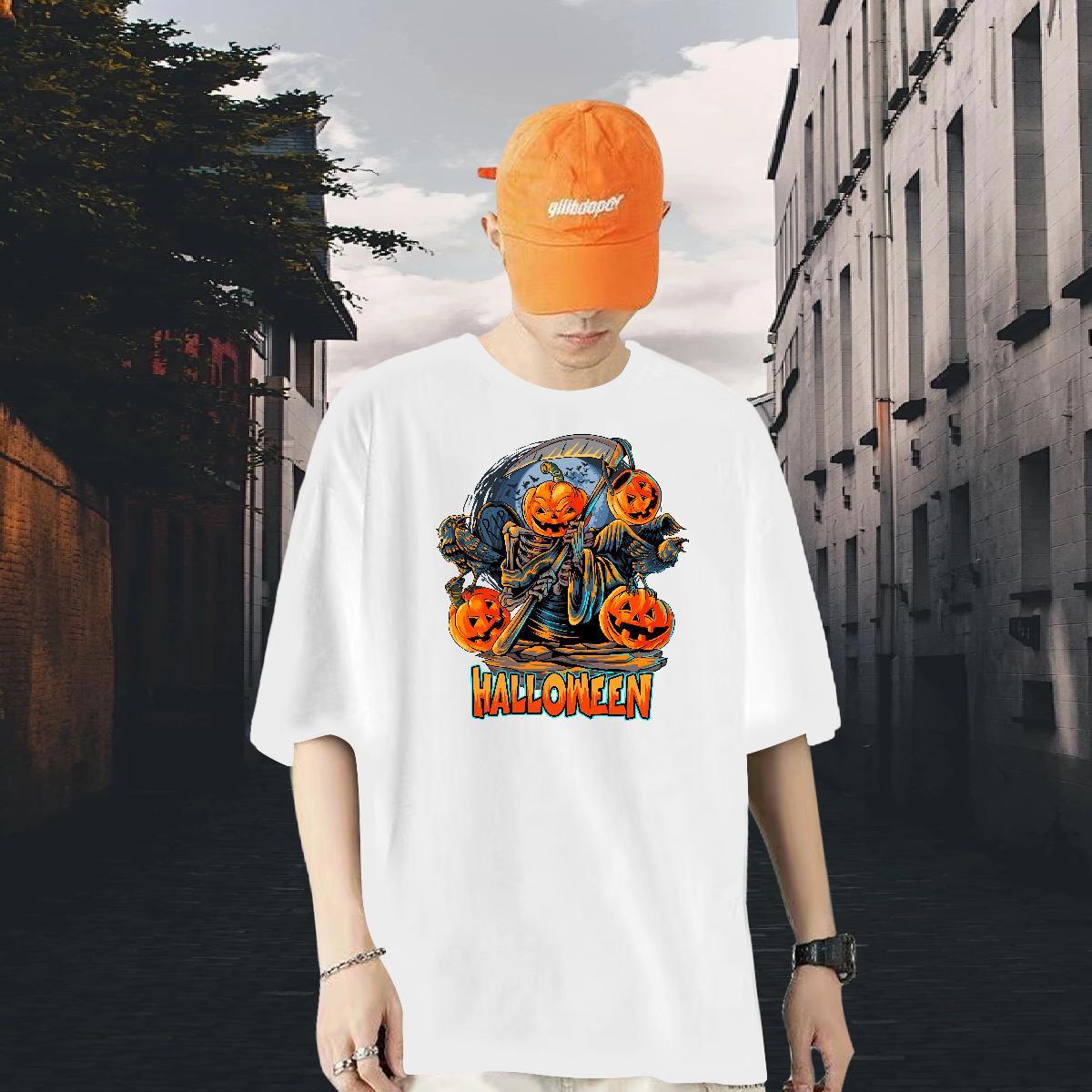 DIY T Shirts Men 230g Pure Cotton pumpkin Sports Casual Clothes O-Neck Short Sleeve Loose Fit Mens Tshirts Black White