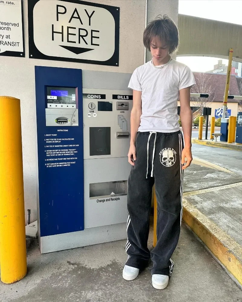 Retro Gothic Punk Skull Bone Letter Printed High Waist Casual Pants for Men Y2K Fashion Edition Harajuku Loose Sports Women 240808