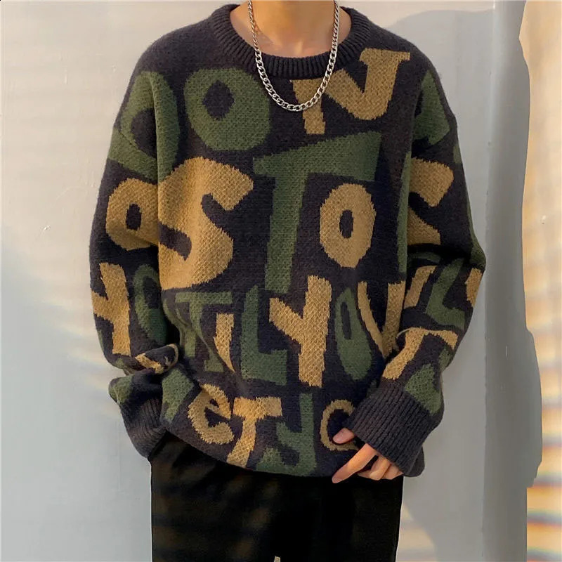 Winter Fashion Trend Contrast Color Round Neck Letter Loose and Versatile Ruffle Handsome Knitted Long Sleeve Mens Sweater 240729