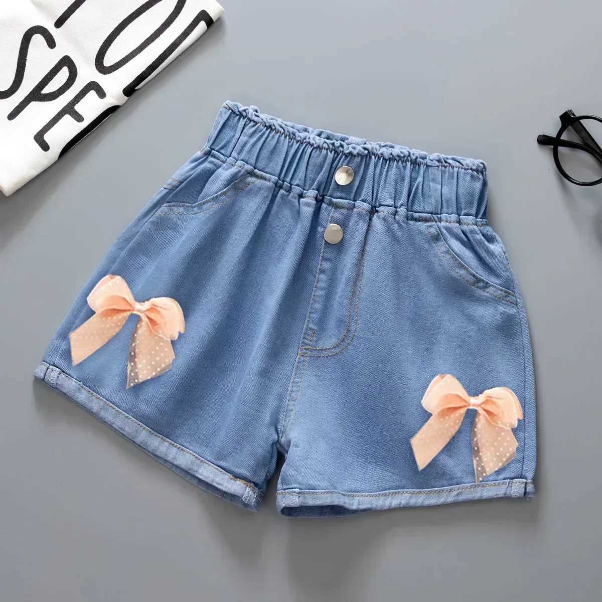 Korean Sle Kids Short Denim Shorts for Girls Fashion Girl Pockets Design Jeans Children Elastic Waist Summer Casua Short Pants W241227