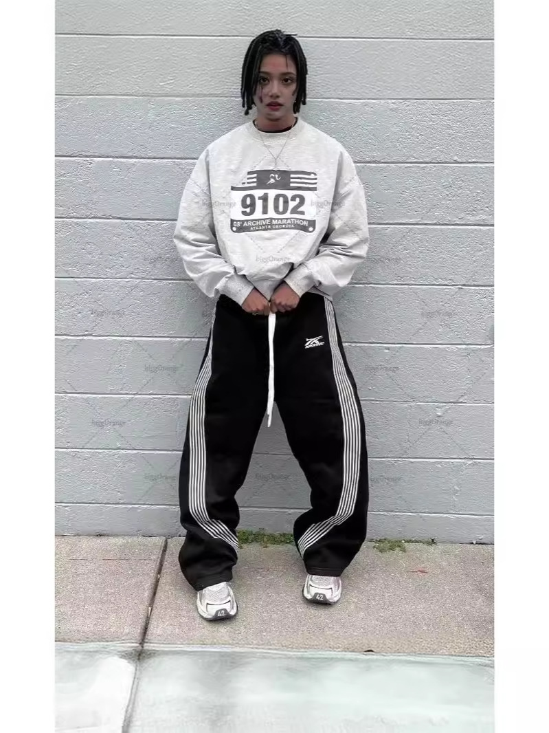 Mens Pants Retro Side Striped Trousers Casual Y2K Summer High Street Drawstring Loose Straight For Men And Women Couples