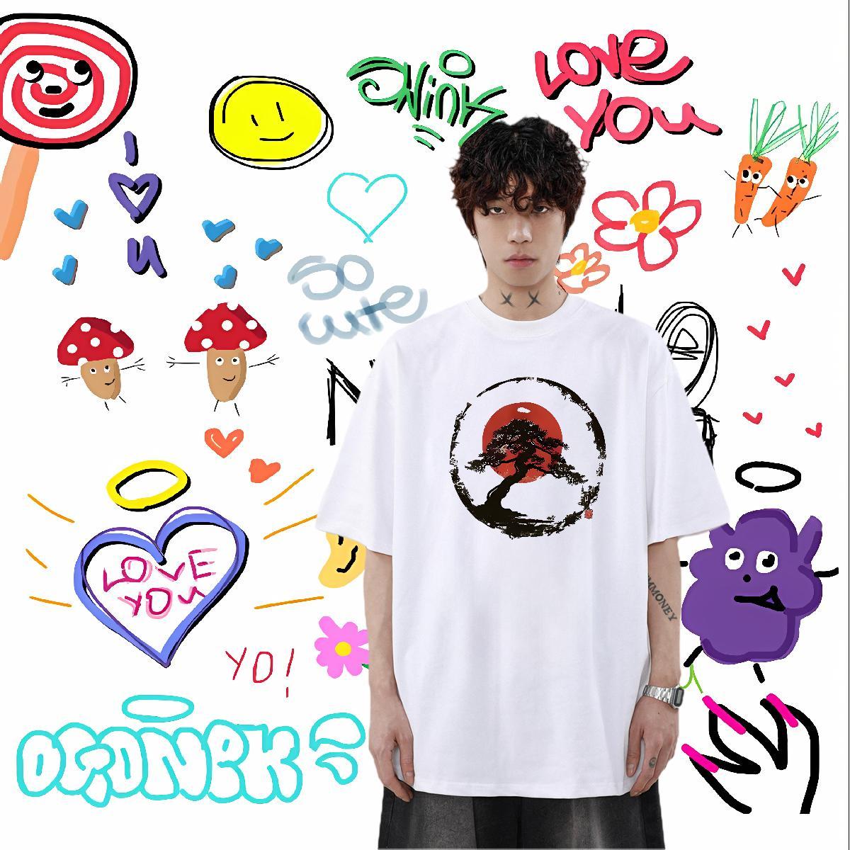 Casual New T-Shirts 230g Cotton tree Hip Hop Street Tops Shirt Breathable Soft Cool Design Men Clothes T-Shirt DIY Logo Oversized