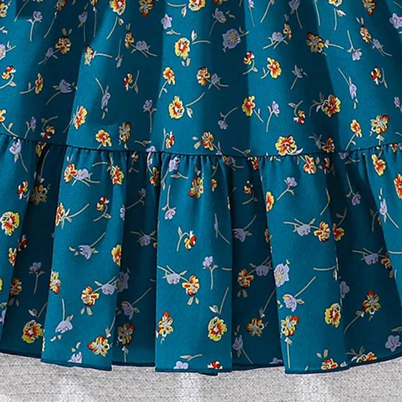 Childrens clothing girl dress 8-12 years old blue long sleeved elastic waist floral print fashion styleW240720