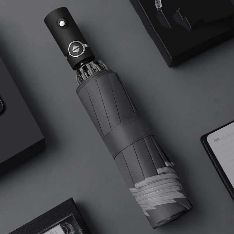 Fully Automatic Reverse Folding Umbrella With LED Flashlight 10Ribs Windproof Reflective Stripe UV Umbrellas For Sun Or Rain DayXJ240806