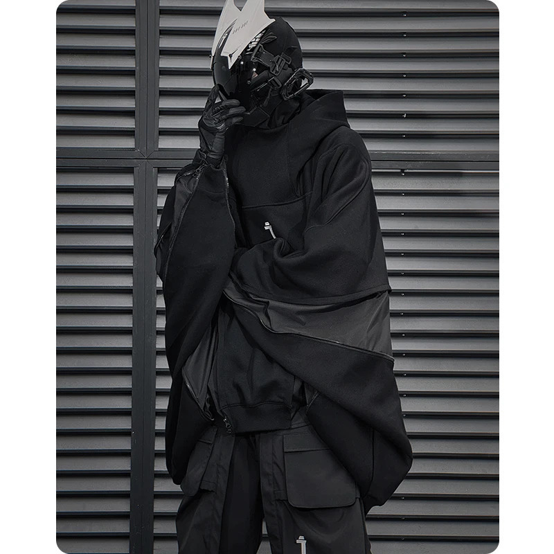 Neutral high street spring functional style irregular zipper hooded sweatshirt loose patch work bat top mens sportswear 240806