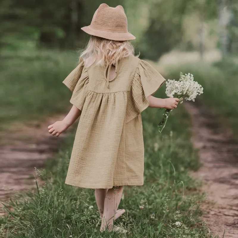 Summer girls dress flying sleeve cotton dress casual pleated dress solid color dress baby dress summer princess cute dressW240720
