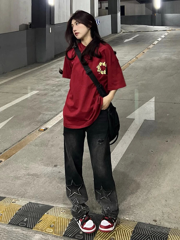 Womens Black Gothic Baggy Cargo Jeans with Star Harajuku Y2k 90s Aesthetic Denim Trousers Emo 2000s Jean Pants Vintage Clothes 240806