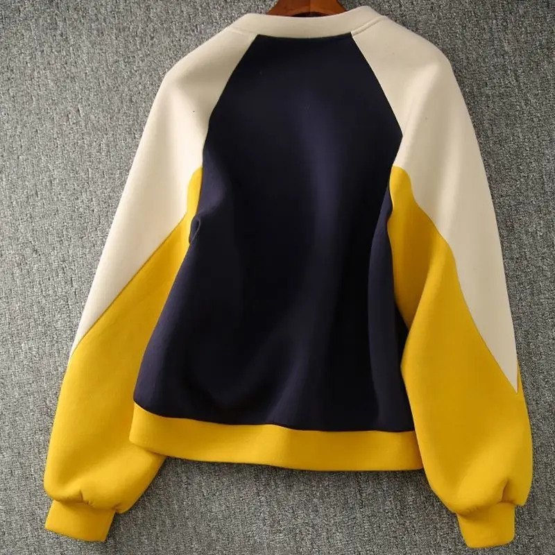 Korean Fashion Contrast Color Spliced Womens Sweatshirts Autumn Winter Casual Long Sleeve Printed Pullovers Tops for Female 240806