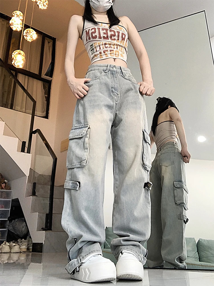 Womens Blue Cargo Jeans Harajuku 90s Streetwear Denim Trousers Y2k Jean Pants Vintage Japanese 2000s Style Trashy Clothes 240806