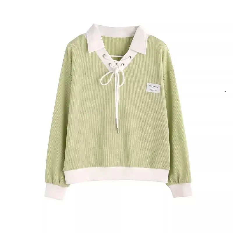 Spring Summer Contrast Lacing Loose T Shirts Polo Neck Long Sleeve Patchwork Trend Tops Tees Casual Fashion Women Clothing 240806