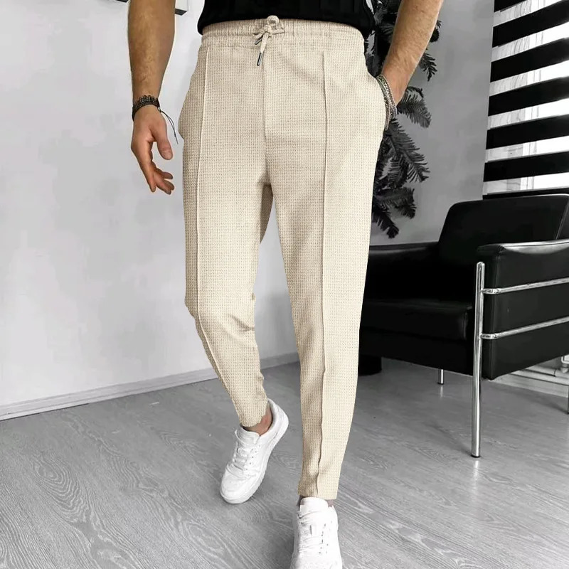 Mens casual pants Stretch Slim waist Waffle Classic blue black grey khaki mens plus size S3XL 240806