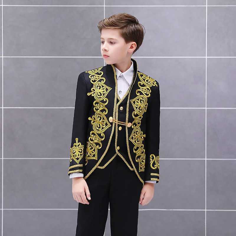 Suits Childrens Lovely Blazer Vest Pants 3pcs Suit Set Boys Golden Flower European Court Prince Charming Stage Drama Show Costume