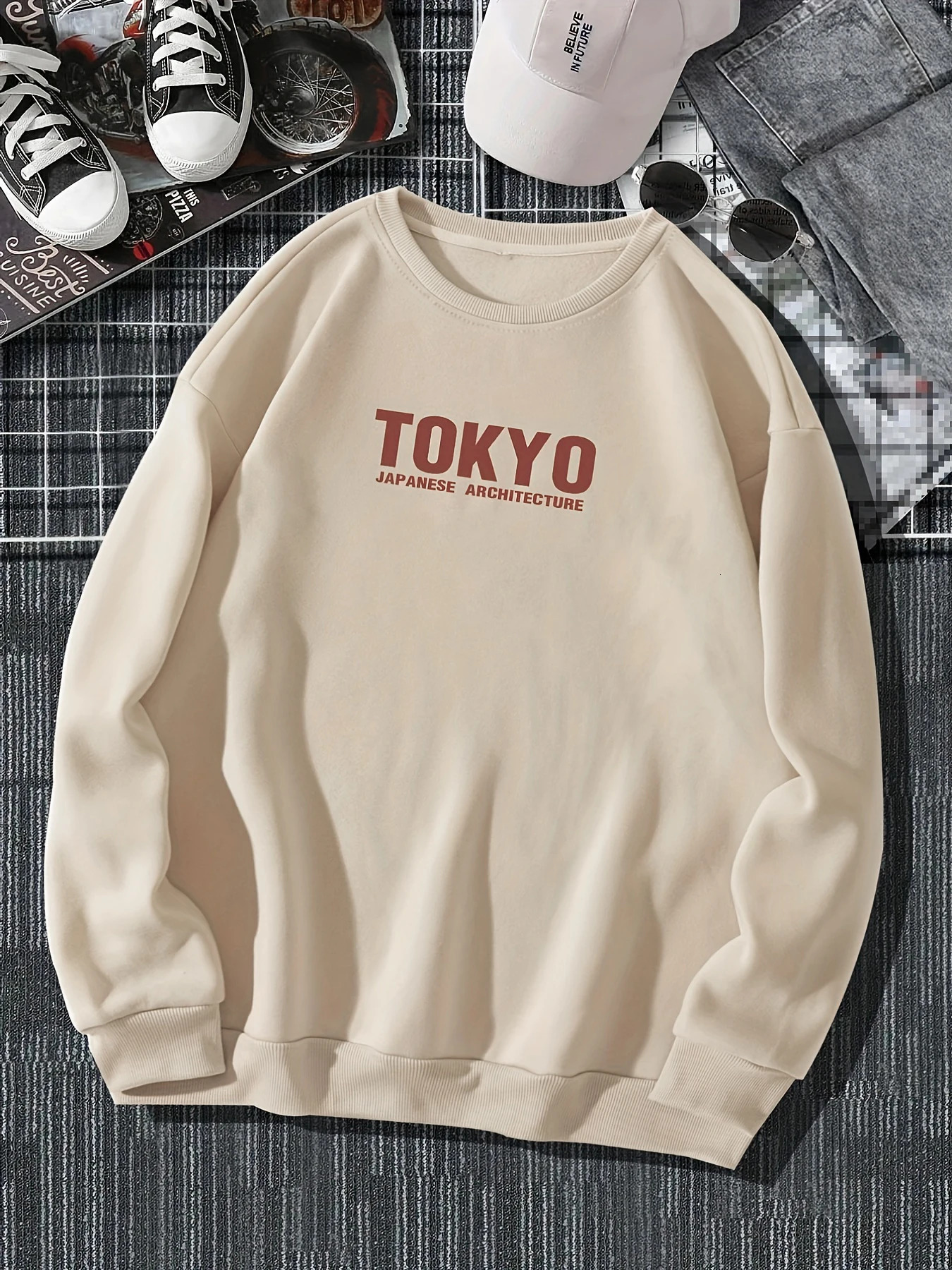 Japanese Tokyo Sakura Printing Spring Casual Women Pullover Sweatshirt Warm Soft Hoodies Loose Crewneck Fleece Female Clothing 240806