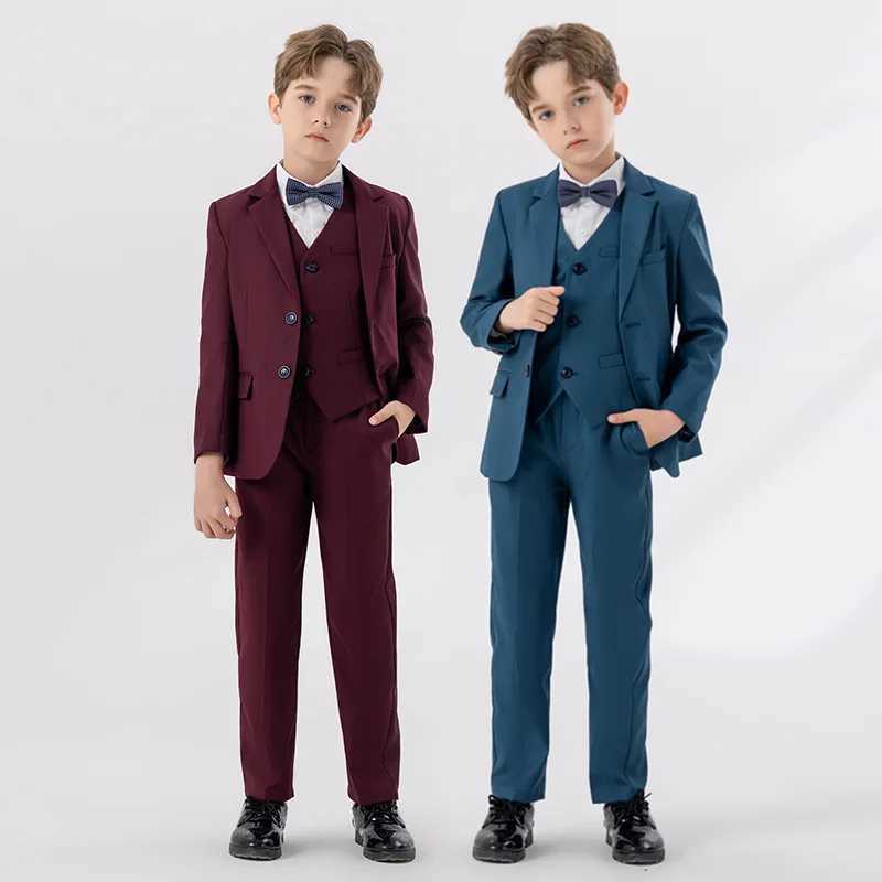 Suits Children White Red Blue Piano Party Dress Kids Jacket Vest Pants Bowtie 4PCS Ceremony Photograph Suit Boys Performance Costume