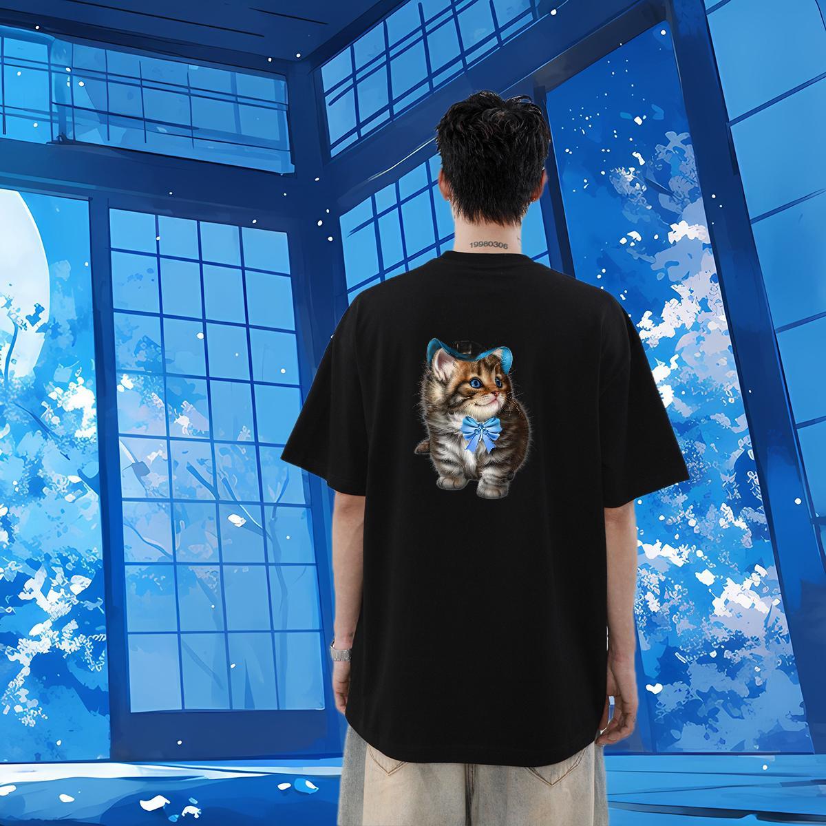 Fashion Casual Mens T Shirts 230g 100% Cotton cat Hip Hop Street Tops Tees Crew Neck Breathable Free Shipping Mens Tshirts Oversized 4XL