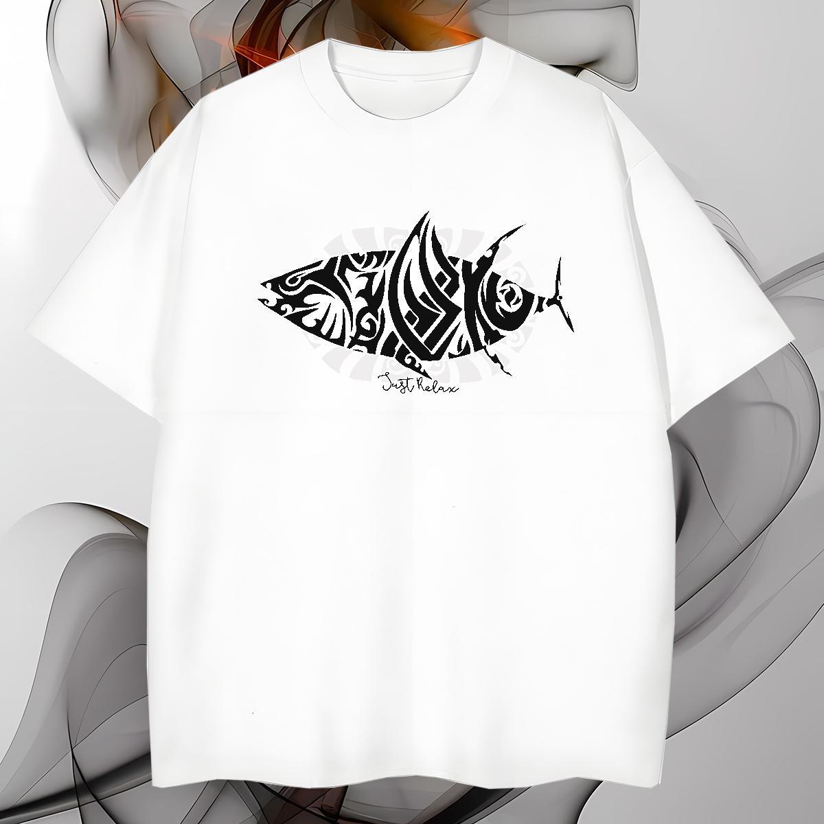 T Shirts Men 100% Cotton 230g fish Sports Casual Crew Neck Cartoon Print Men Tshirts Fashion New Comfortable Tees Shirts