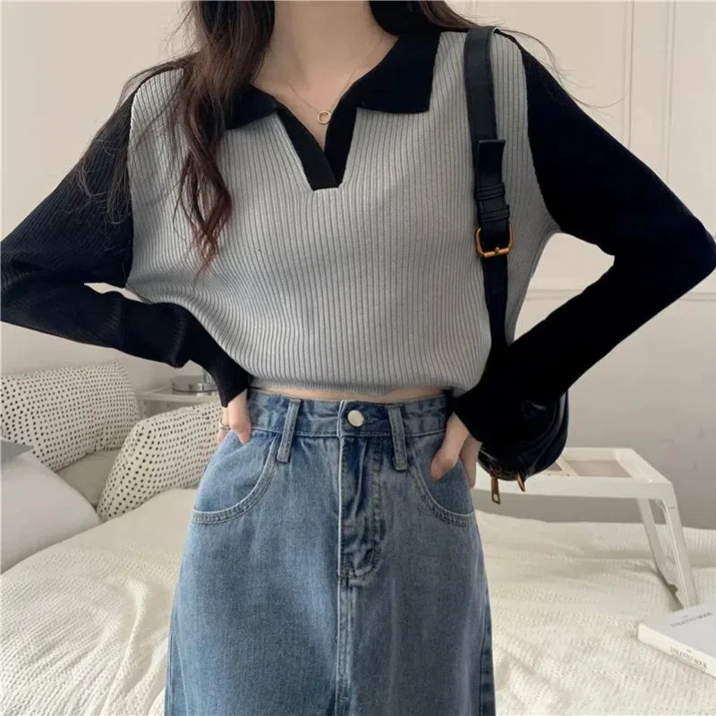 Autumn Womens Pullover Polo Collar Screw Thread Contrast Color Fashion Slim Minimalist Long Sleeved Knitted Sweater 240806