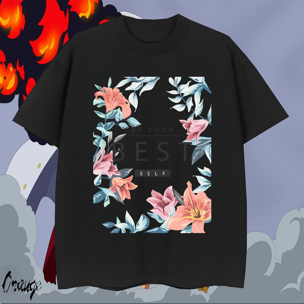 Classic Men Tops Tees 230g Pure Cotton Casual Beach flower Skull Breathable Crew Neck Customized T shirt Tee Shirt