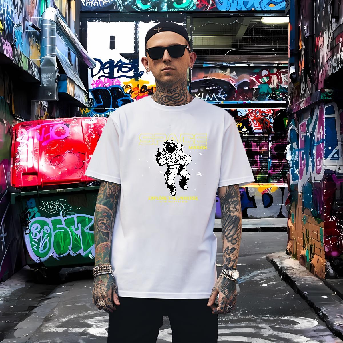 Man T Shirts 230g 100% Cotton cosmonaut High Street Hip Hop Short Sleeve O-Neck DIY Logo Oversized Men Clothes T-Shirt Designer Brand Wear