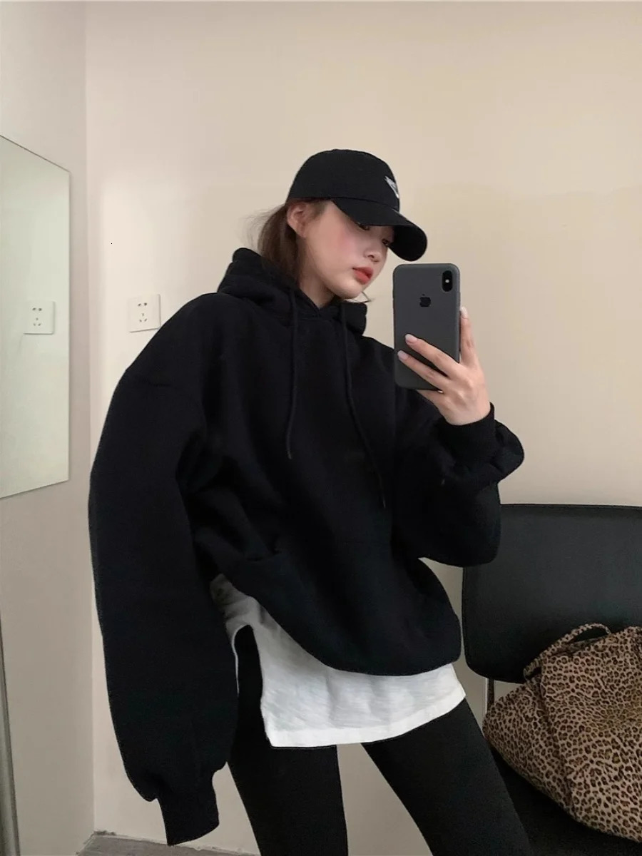 Autumn Black Women Clothing Vintage Street Sweatshirt Y2K Stripe Letter Printing Pullover Long Sleeves Warm Oversize Ladies Tops 240806