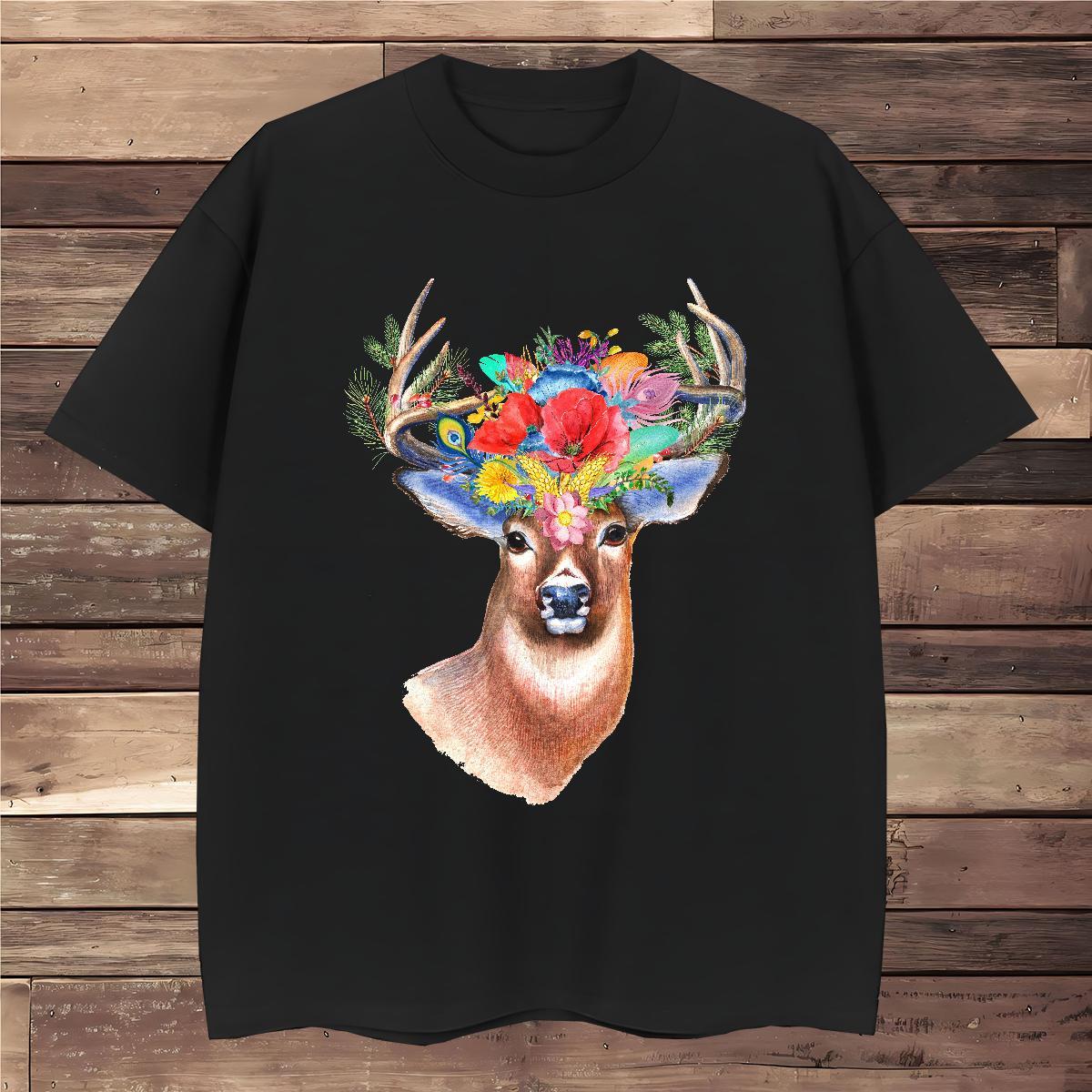 T-Shirts 230g 100% Cotton Deer Street wear Hip Hop Round Neck Short Sleeve Cartoon Print Men Tshirts Brand Loose Top Tees