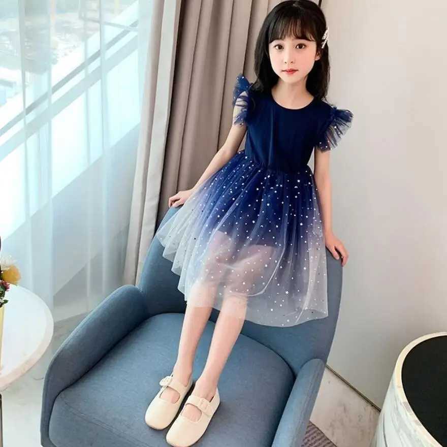 Girl Starry Sky Gradient Princess Dress Summer Sleeveless Fashion Gauze Dress New Year Childrens Birthday PartyW240720